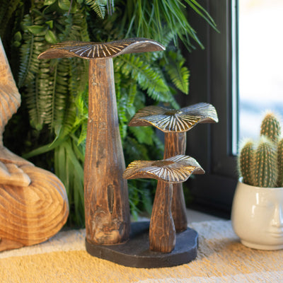 Gran escultura de hongo dorado de 32 cm - Madera natural - Elemento decorativo único para regalo - Estilo bosque, rústico y moderno