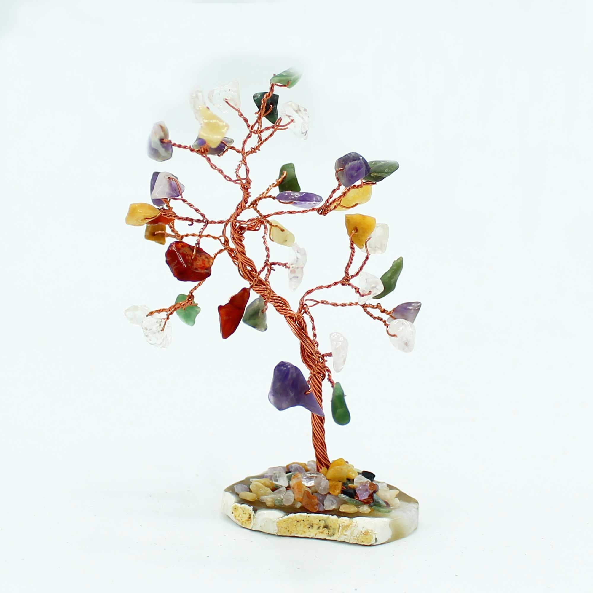 Árbol de cristal con 35 piedras de colores sobre base natural de ágata