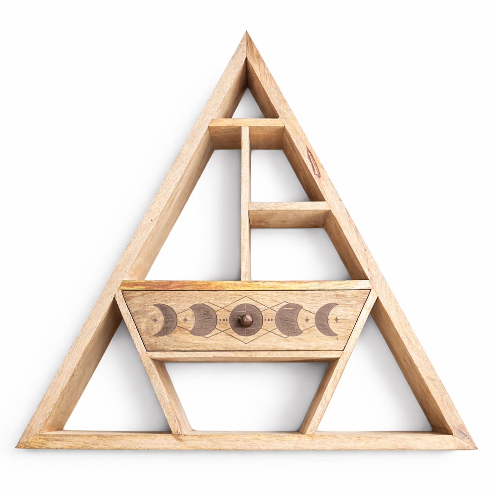 Estante de pared triangular mágico con cajón - Madera de mango hecha a mano, diseño de fases lunares, 53x53x9 cm