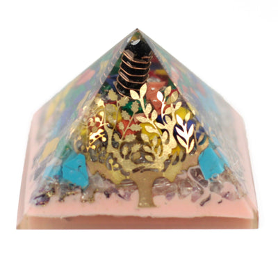 Pirámide de Orgonita 70 mm - Árbol con piedras preciosas, cobre y inserciones metálicas