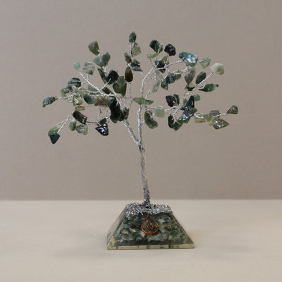 Árbol de la suerte con base de orgonita con 80 piedras de ágata musgosa