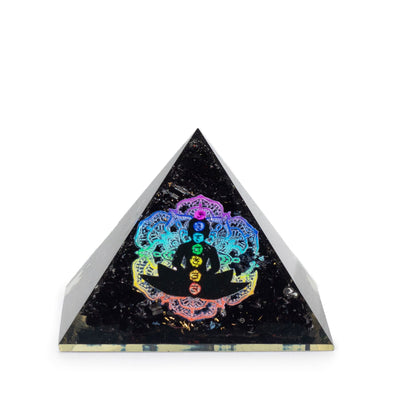 Pequeña pirámide de orgonita de turmalina negra 5,5x4,5 cm con motivo de Buda y chakras