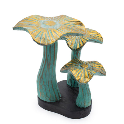 Pequeño hongo dorado artístico de 20 cm - Hecho a mano en madera con tonos turquesa
