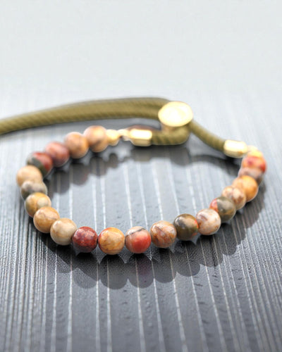 Moss Aura – Pulsera con jaspe Picasso y oro de 18K en cordón verde