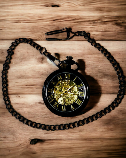Reloj de Bolsillo Mecánico Estilo Retro, Resistente al Agua, Semiautomático - color Negro - Ideal para Regalo, grabado