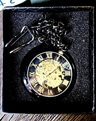 Reloj de Bolsillo Mecánico Estilo Retro, Resistente al Agua, Semiautomático - color Negro - Ideal para Regalo, grabado