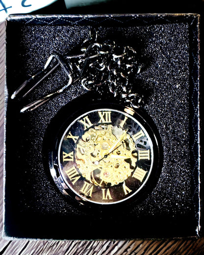 Reloj de Bolsillo Mecánico Estilo Retro, Resistente al Agua, Semiautomático - color Negro - Ideal para Regalo, grabado
