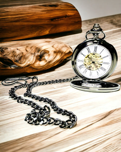 Reloj de Bolsillo Mecánico Clásico con Doble Tapa – Manual, Negro, personalización con grabado