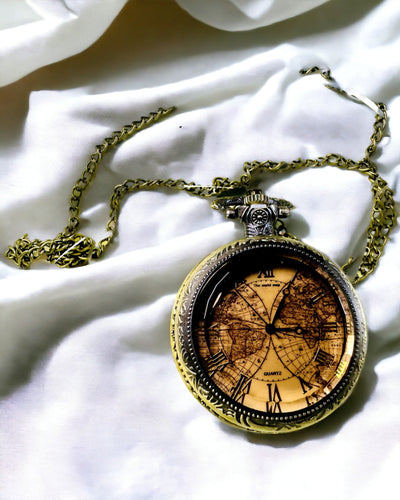 Reloj de Bolsillo Clásico de Cuarzo con Mapa del Mundo – Colgante con Cadena de Estilo Vintage para Ella y para Él, grabado