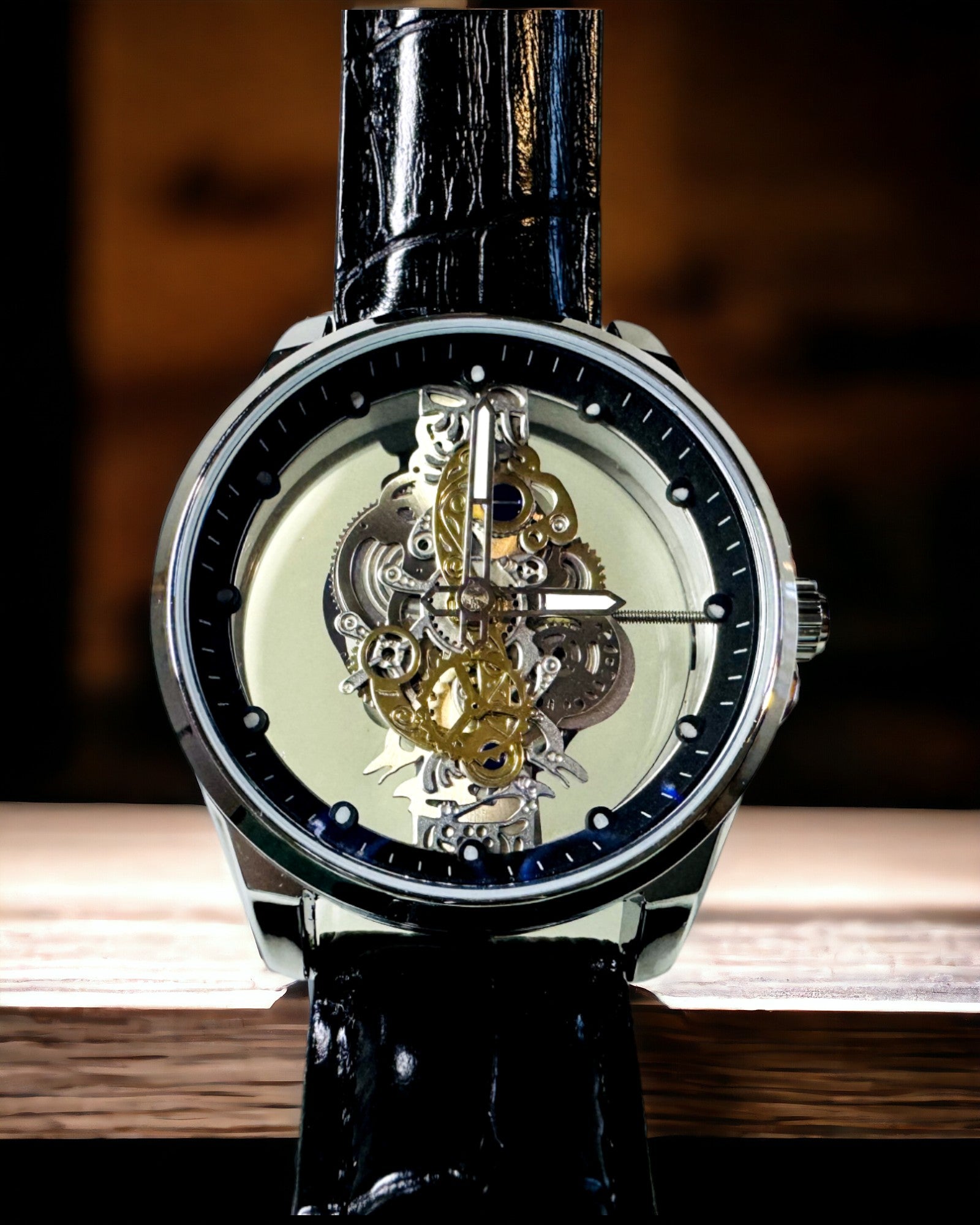 Reloj de Hombre de Cuarzo con Esfera Transparente - Elegancia Clásica en un Diseño Moderno con Correa Negra. Personalización con Grabado