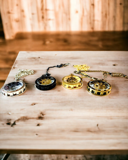 Reloj de Bolsillo Retro – Mecánico, Color oro cepillado con negro, Lujoso, Resistente al agua, Semiautomático, personalización con grabado