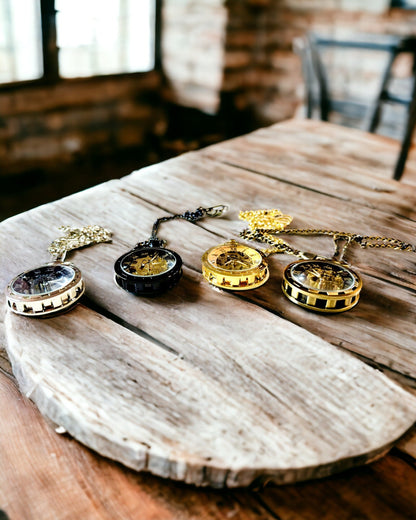 Reloj de Bolsillo Mecánico Estilo Retro, Resistente al Agua, Semiautomático - color Negro - Ideal para Regalo, grabado