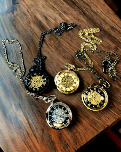 Reloj de Bolsillo Mecánico Estilo Retro, Resistente al Agua, Semiautomático - color Negro - Ideal para Regalo, grabado