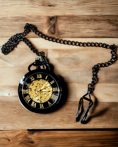 Reloj de Bolsillo Mecánico Estilo Retro, Resistente al Agua, Semiautomático - color Negro - Ideal para Regalo, grabado