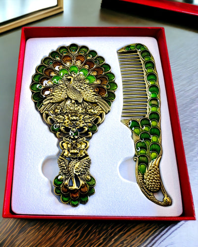Conjunto Vintage con Espejo y Peine con Motivo de Pavo Real - Accesorios Cosméticos Decorativos