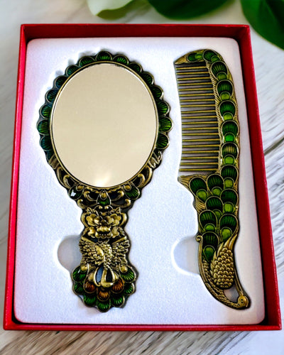 Conjunto Vintage con Espejo y Peine con Motivo de Pavo Real - Accesorios Cosméticos Decorativos