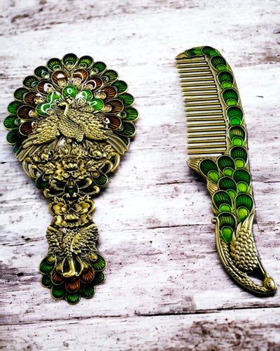 Conjunto Vintage con Espejo y Peine con Motivo de Pavo Real - Accesorios Cosméticos Decorativos