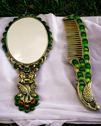 Conjunto Vintage con Espejo y Peine con Motivo de Pavo Real - Accesorios Cosméticos Decorativos