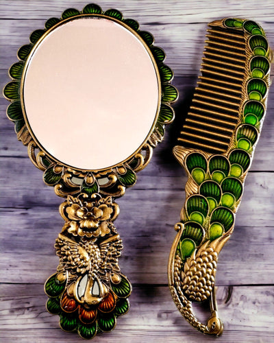 Conjunto Vintage con Espejo y Peine con Motivo de Pavo Real - Accesorios Cosméticos Decorativos