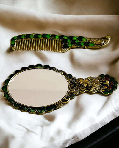 Conjunto Vintage con Espejo y Peine con Motivo de Pavo Real - Accesorios Cosméticos Decorativos