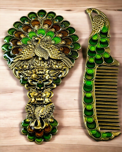 Conjunto Vintage con Espejo y Peine con Motivo de Pavo Real - Accesorios Cosméticos Decorativos