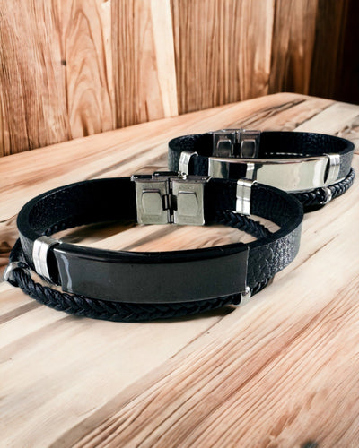 Pulsera Masculina de Cuero PU y Acero Inoxidable con Posibilidad de Grabado – Disponible en Dos Variantes de Color