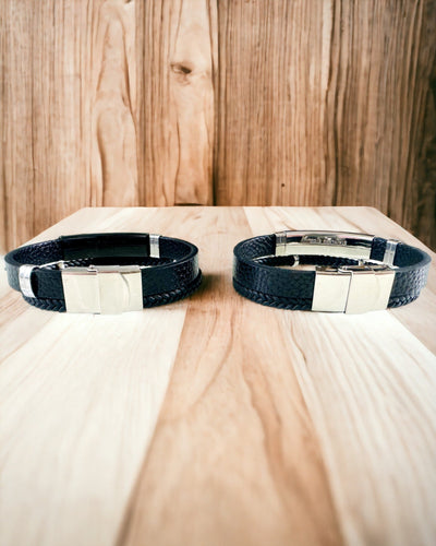 Pulsera Masculina de Cuero PU y Acero Inoxidable con Posibilidad de Grabado – Disponible en Dos Variantes de Color