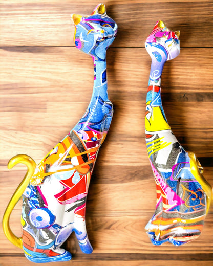 Figuras de Gatos Abstractos "ArtCats", Pintadas a Mano, Resina – 25 cm, 2 uds.