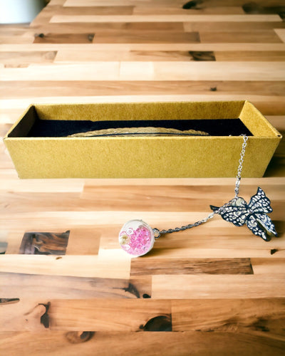 Marcador de libro creativo de estilo retro con motivo de pluma y mariposa – Elegante regalo para mamá, maestro, promocional, color plateado/rosa