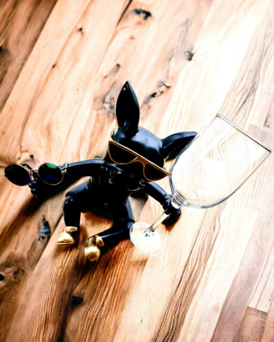 Figura Exclusiva "Bulldog Estiloso", color negro, soporte para copa de vino o champán, personalización con grabado