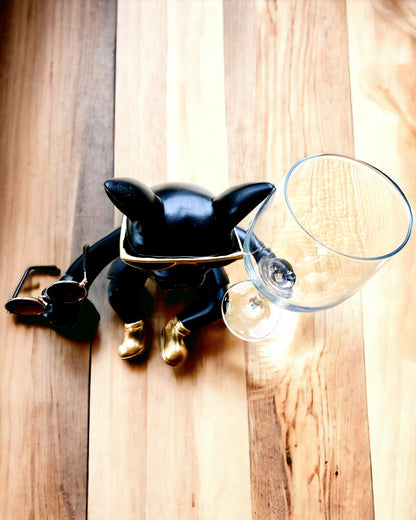 Figura Exclusiva "Bulldog Estiloso", color negro, soporte para copa de vino o champán, personalización con grabado