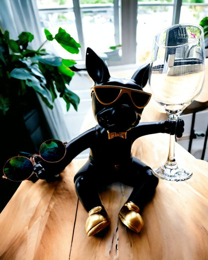 Figura Exclusiva "Bulldog Estiloso", color negro, soporte para copa de vino o champán, personalización con grabado