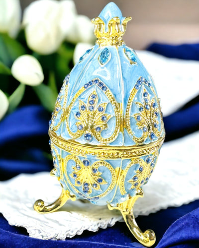 Huevo Fabergé Celestial – Organizador de Joyas Esmaltado - color azul cielo. Personalización con grabado