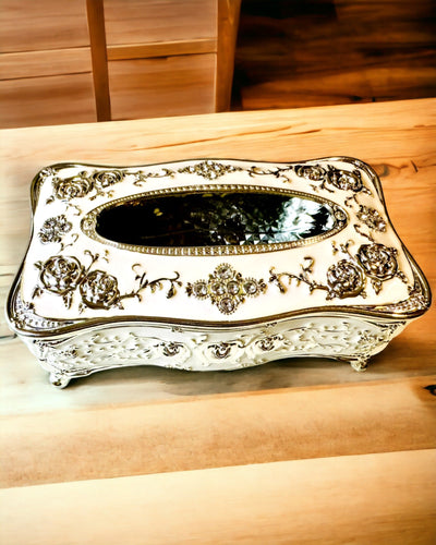 Caja de Pañuelos con Relieve de Patrón de Rosa - Elegante Complemento para Interiores, blanco
