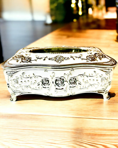 Caja de Pañuelos con Relieve de Patrón de Rosa - Elegante Complemento para Interiores, blanco