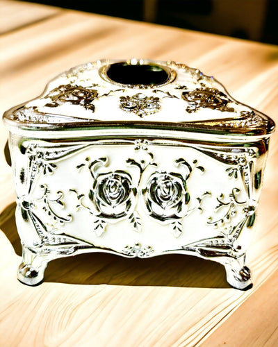 Caja de Pañuelos con Relieve de Patrón de Rosa - Elegante Complemento para Interiores, blanco