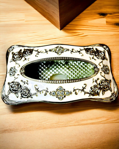 Caja de Pañuelos con Relieve de Patrón de Rosa - Elegante Complemento para Interiores, blanco