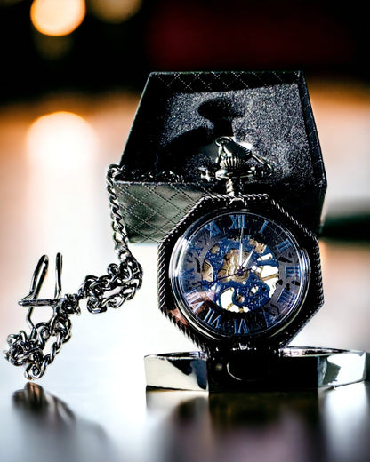 Reloj de Bolsillo Mecánico Clásico Octogonal Steampunk en Color Negro, Grabado