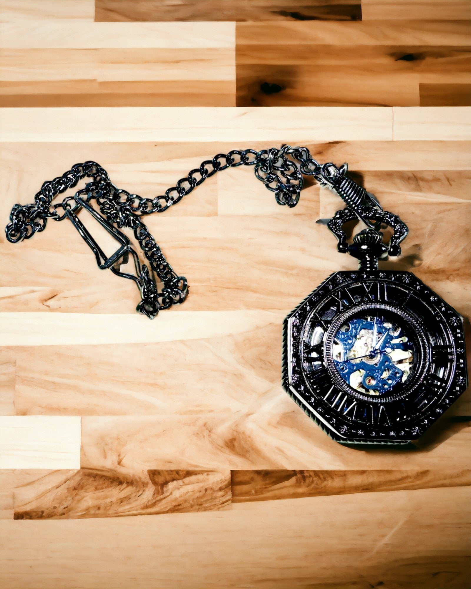 Reloj de Bolsillo Mecánico Clásico Octogonal Steampunk en Color Negro, Grabado