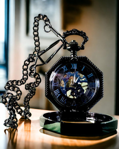 Reloj de Bolsillo Mecánico Clásico Octogonal Steampunk en Color Negro, Grabado