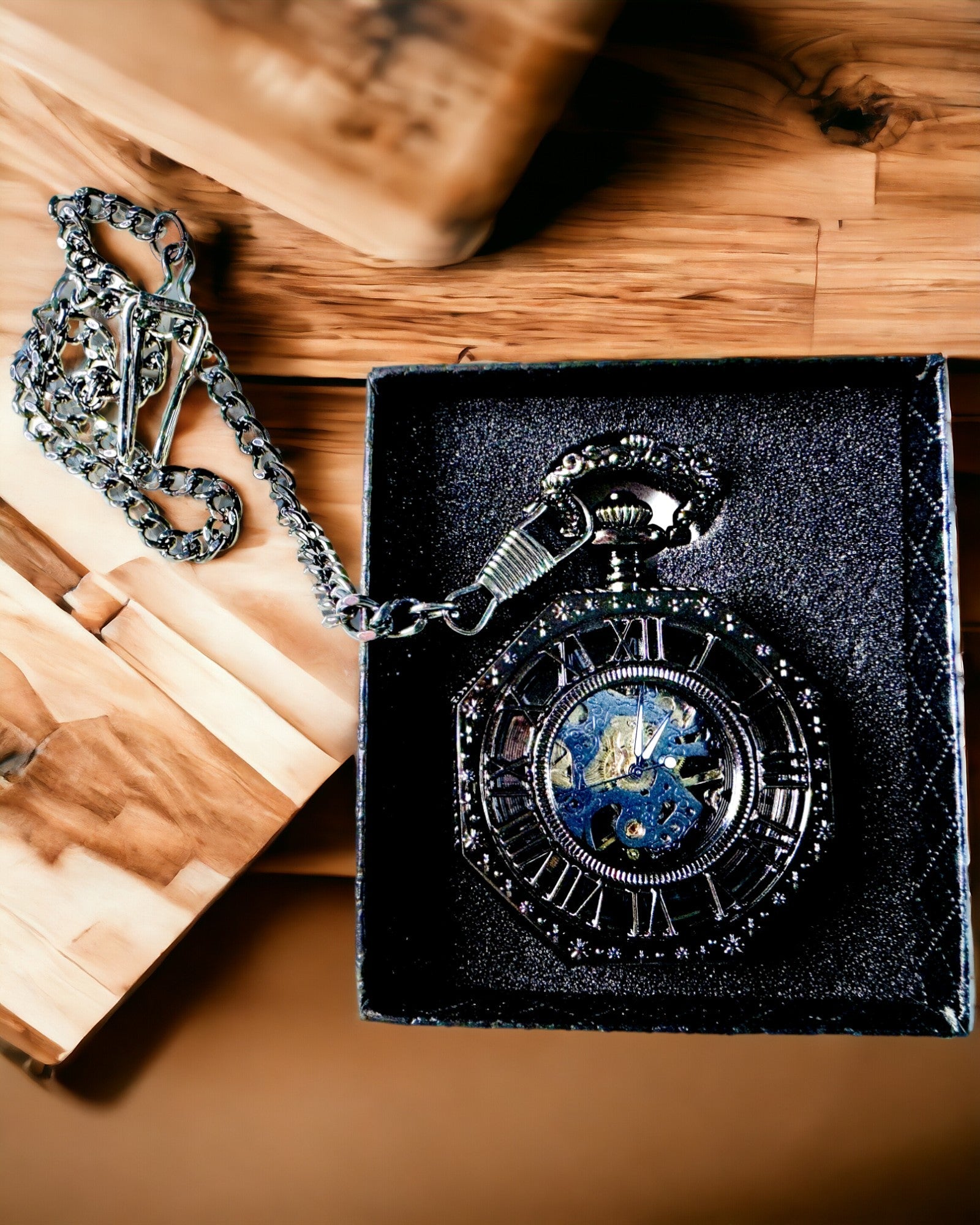 Reloj de Bolsillo Mecánico Clásico Octogonal Steampunk en Color Negro, Grabado