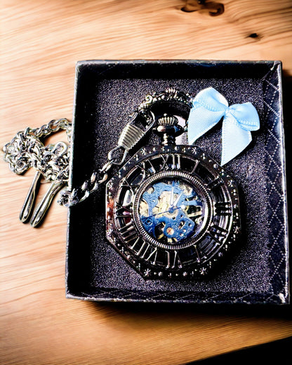 Reloj de Bolsillo Mecánico Clásico Octogonal Steampunk en Color Negro, Grabado
