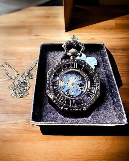 Reloj de Bolsillo Mecánico Clásico Octogonal Steampunk en Color Negro, Grabado