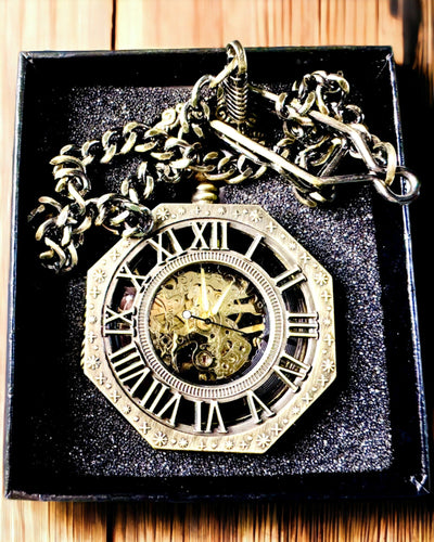Reloj de Bolsillo Mecánico Clásico Octogonal Color Marrón Estilo Steampunk - Atemporal