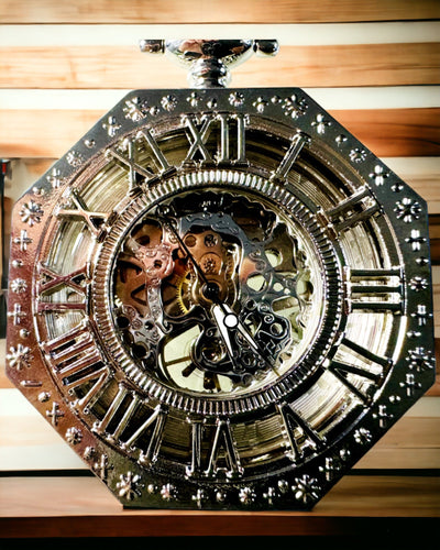 Reloj de Bolsillo Mecánico Octogonal Clásico en Color Plateado con Esfera Calada en Estilo Steampunk