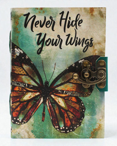 Cuaderno de notas de cuero Mariposa de inspiración Nunca ocultes tus alas – 13 × 18 cm