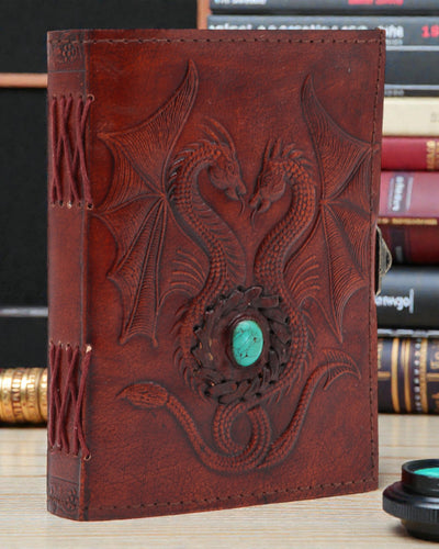 Cuaderno de cuero Dos Dragones Arcana – Diario esotérico 17,5 × 12,5 cm