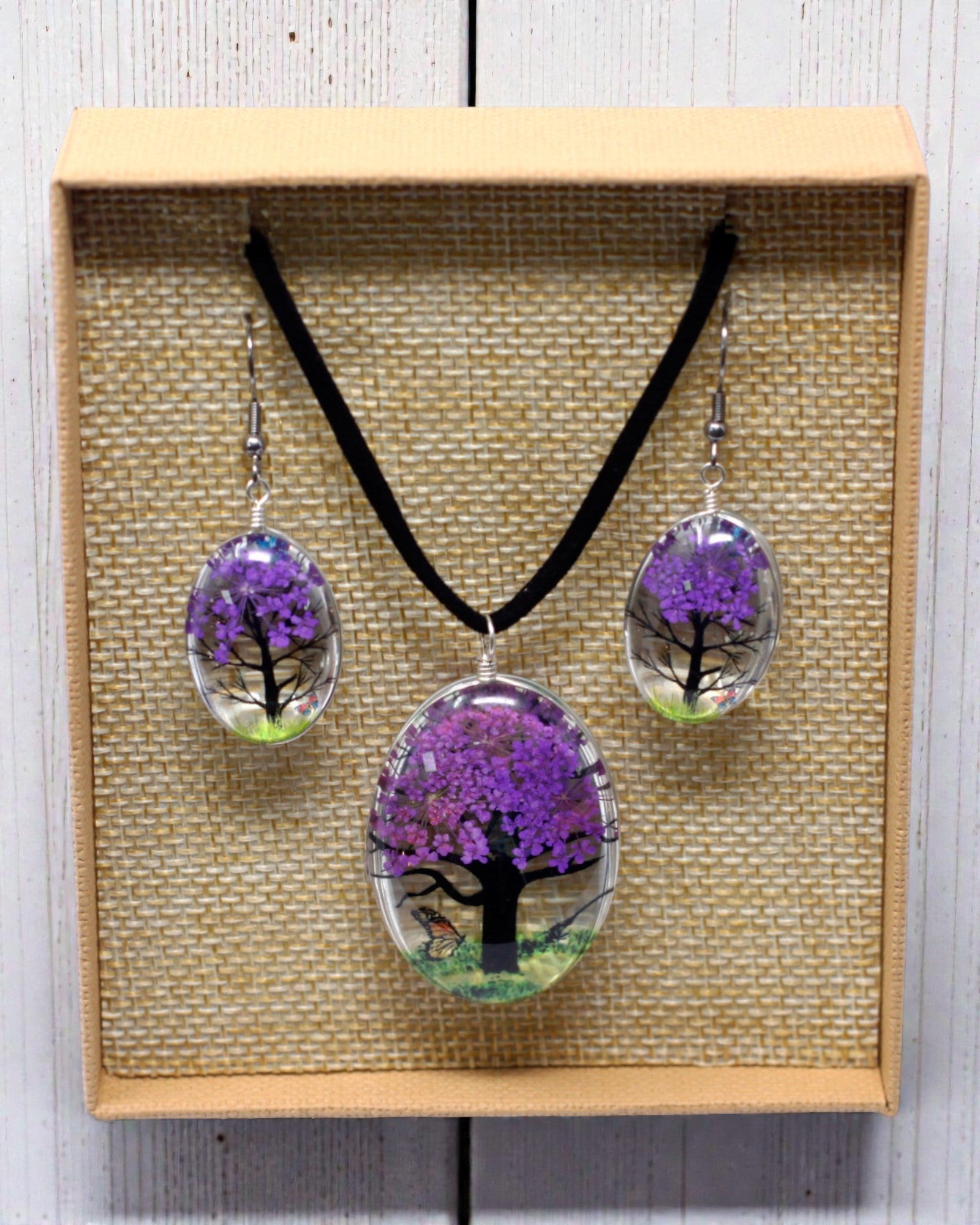 Sueño Lavanda – Conjunto de joyería lavanda con flores secas Árbol de la Vida