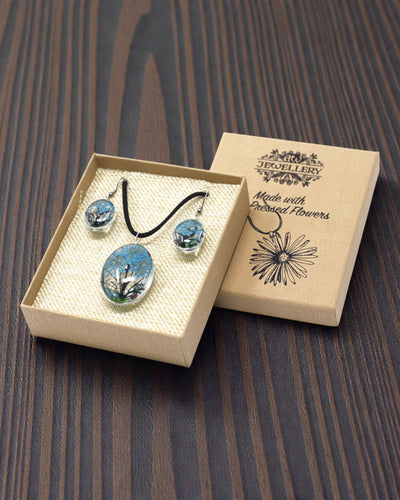 Brisa Marina – Conjunto de joyería azul verdoso con flores secas Árbol de la Vida