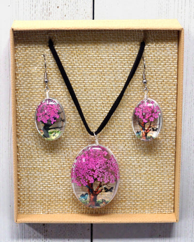 Resplandor Rosado – Set de joyería rosa claro con flores secas Árbol de la Vida